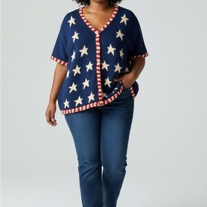 Quaker Factory American Flag Sweater Patriotic Stars Sequin Women 3x Red VTG